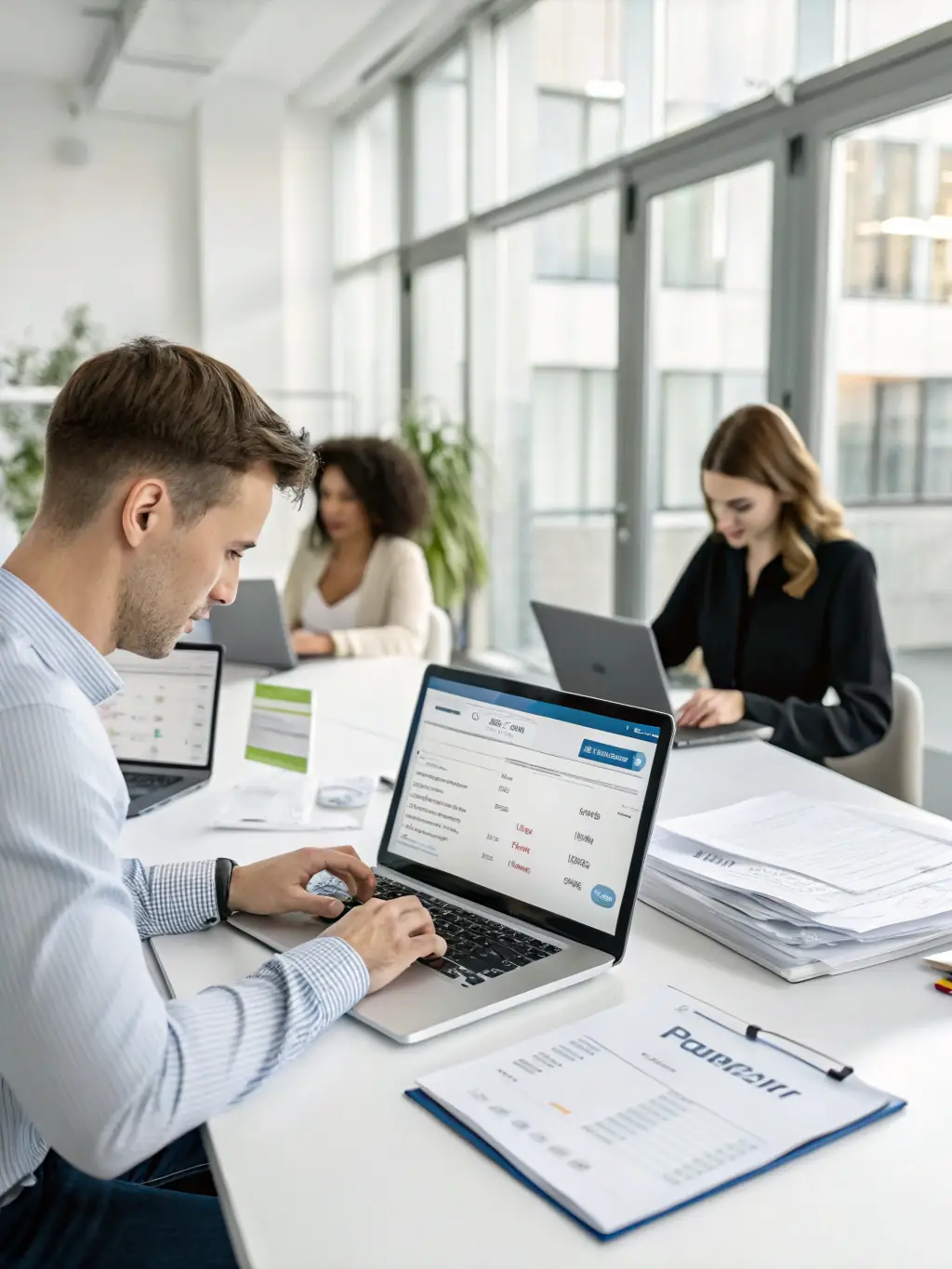 A professional office setting with employees using Soldo cards for various expenses, showcasing the ease of use and real-time tracking.
